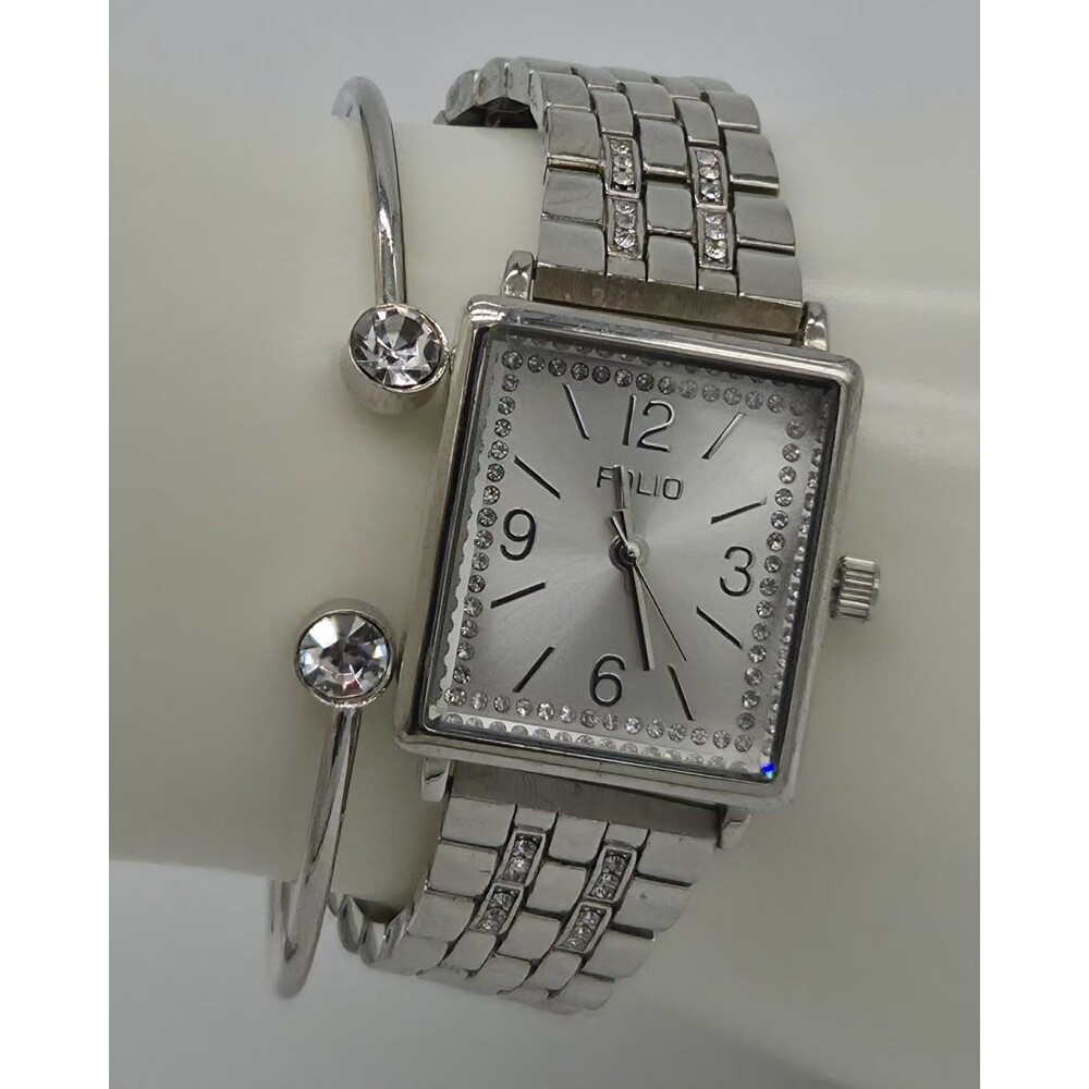 FOLIO Women's Silver Tone Tank Watch Set – Rhinestone Rectangular Dial & Cuff